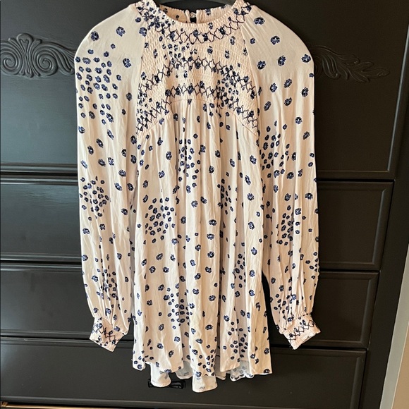 Free People Tops - Free People - Cream Long Sleeve Smocked Yoke Tunic Blouse with Navy Floral Dots